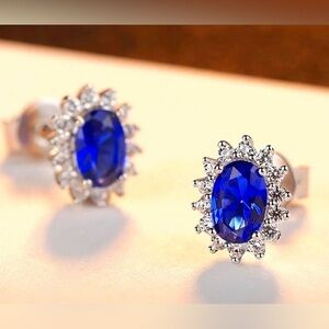 🌟HP🌟SAPPHIRE OVAL Studded Earrings Halo Lab Created 3A+ Cubic Zirconia Accents